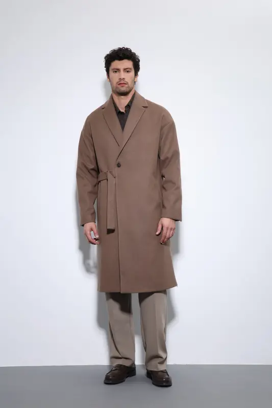 Açık Kahve Kuşaklı Oversize Erkek Kaban-Açık Kahve - 2