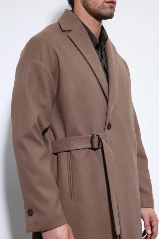 Açık Kahve Kuşaklı Oversize Erkek Kaban-Açık Kahve - 3