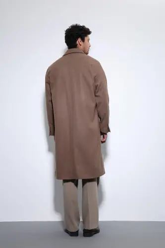 Açık Kahve Kuşaklı Oversize Erkek Kaban-Açık Kahve - 4