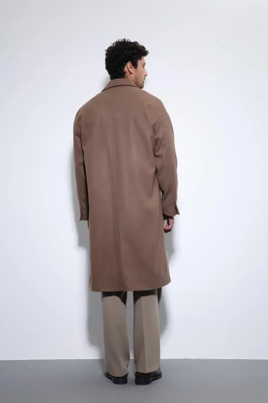 Açık Kahve Kuşaklı Oversize Erkek Kaban-Açık Kahve - 4