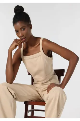 Crop Top Açık Kahvarengi Kadın Kolsuz Gömlek - 1