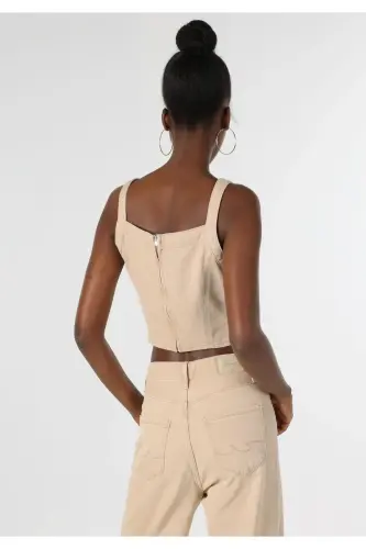 Crop Top Açık Kahvarengi Kadın Kolsuz Gömlek - 2