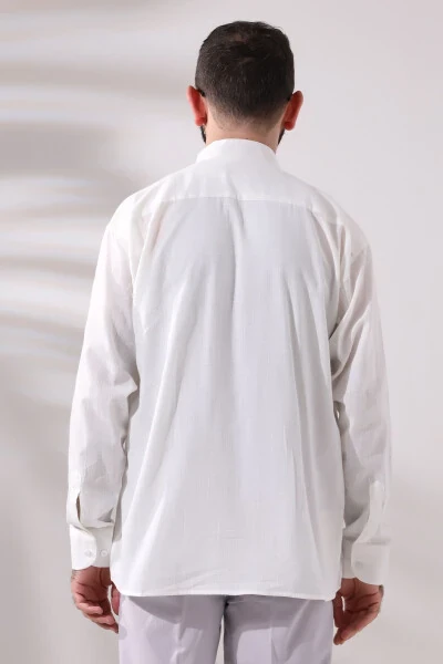 Açık Krem Erkek Bol Kesim Tek Cepli Hakim Yaka Hac ve Umre Keten Gömlek-Açık Krem - 5