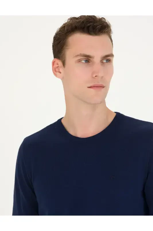 Açık Lacivert Slim Fit Bisiklet Yaka Basic Triko Kazak 50276349-VR059 - 4