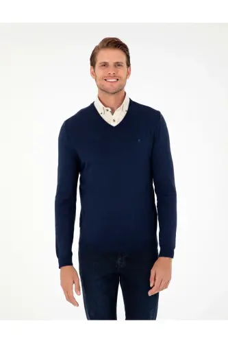 Açık Lacivert Slim Fit V Yaka Basic Triko Kazak 50296622-VR059-Açık Lacivert 