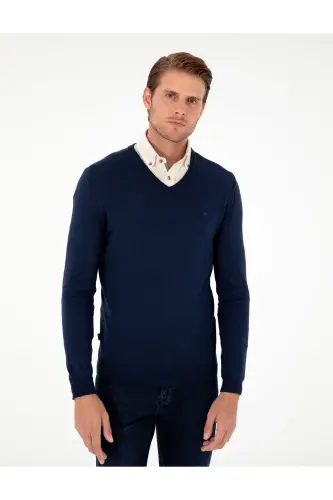 Açık Lacivert Slim Fit V Yaka Basic Triko Kazak 50296622-VR059-Açık Lacivert - 3