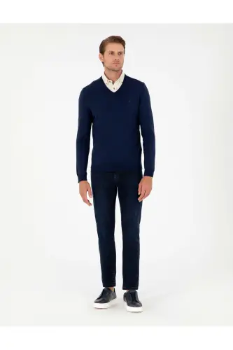 Açık Lacivert Slim Fit V Yaka Basic Triko Kazak 50296622-VR059-Açık Lacivert - 4