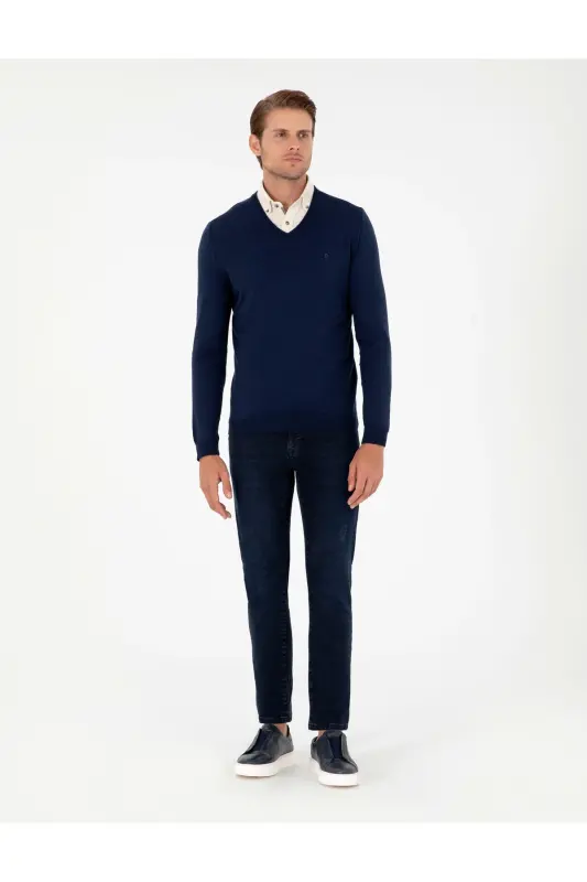 Açık Lacivert Slim Fit V Yaka Basic Triko Kazak 50296622-VR059-Açık Lacivert - 4