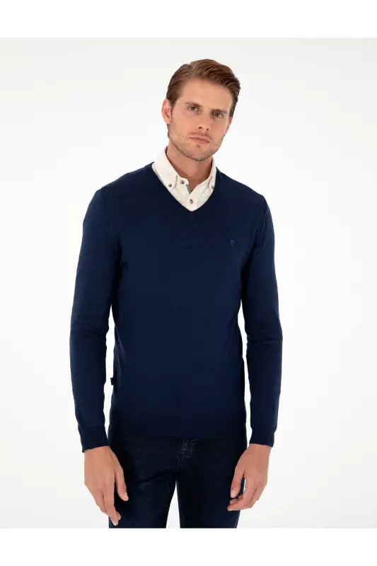 Açık Lacivert Slim Fit V Yaka Basic Triko Kazak 50296622-VR059 - Açık Lacivert - 3