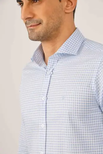Açık Mavi Erkek Slim Fit Ekose Desenli Yarım İtalyan Yaka Uzun Kol Gömlek - 89999-Açık Mavi - 4