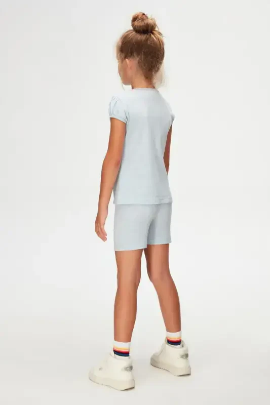 Açık Mavi Melanj Basic Kız Çocuk Sıfır Yaka Karpuz Kol Tişört-BRIGHT BLUE MELANGE - 4