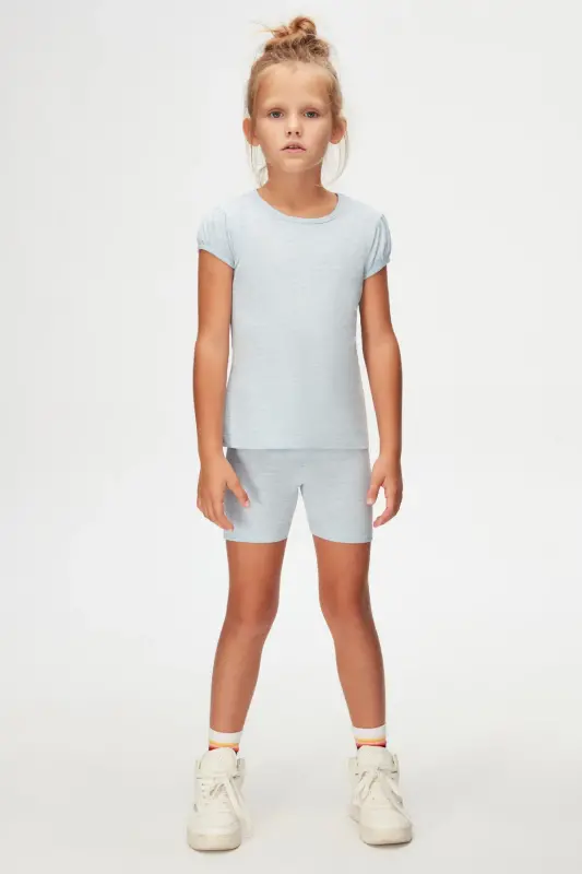 Açık Mavi Melanj Basic Kız Çocuk Sıfır Yaka Karpuz Kol Tişört-BRIGHT BLUE MELANGE - 1