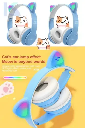 Açık Mavi Renk Vilya Kedi Kulağı Detaylı Uyumlu Bluetooth Kablosuz Kulaklık Çocuk Oyuncu Aux Kablo-MOR - ELROND (1)