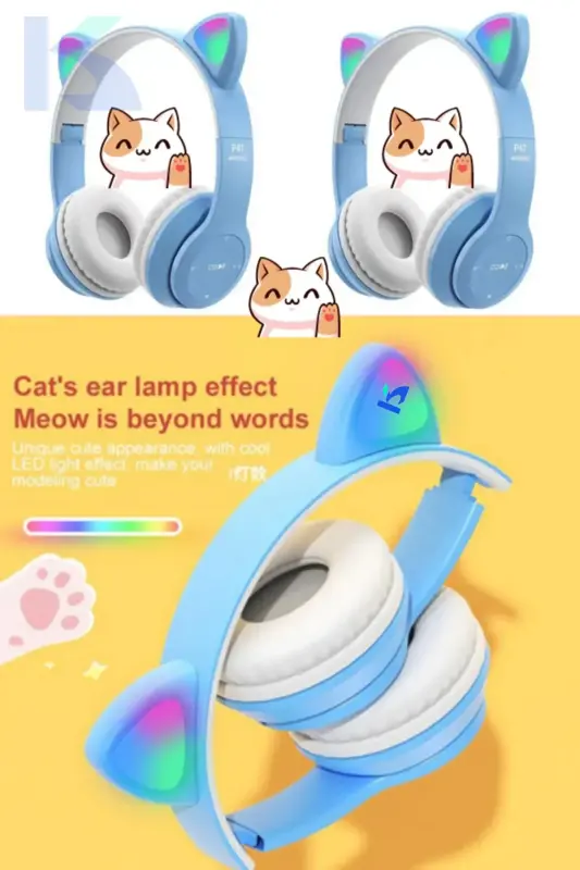 Açık Mavi Renk Vilya Kedi Kulağı Detaylı Uyumlu Bluetooth Kablosuz Kulaklık Çocuk Oyuncu Aux Kablo - MOR - 2