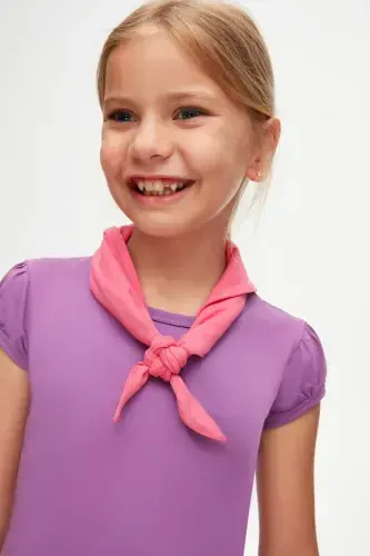 Açık Mor Basic Kız Çocuk Sıfır Yaka Karpuz Kol Tişört-VIOLET - 2