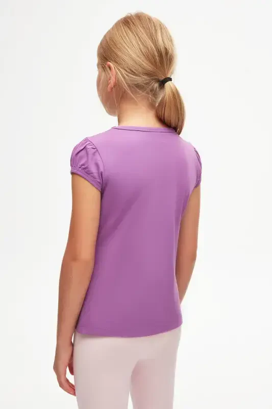 Açık Mor Basic Kız Çocuk Sıfır Yaka Karpuz Kol Tişört-VIOLET - 4