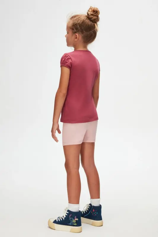 Açık Mürdüm Basic Kız Çocuk Sıfır Yaka Karpuz Kol Tişört-RED VIOLET - 4