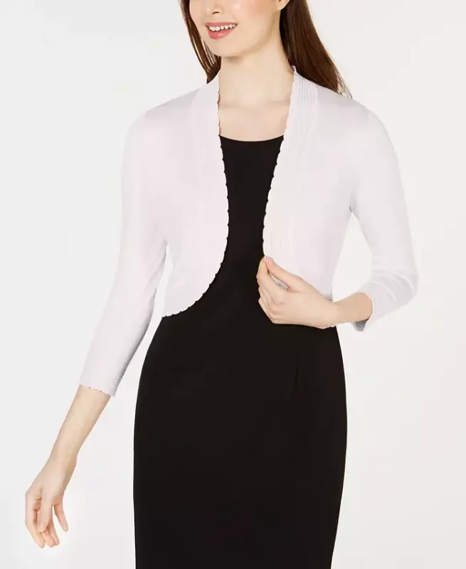 Open-front Cropped 3/4 Sleeve Cardigan - Natural - 1