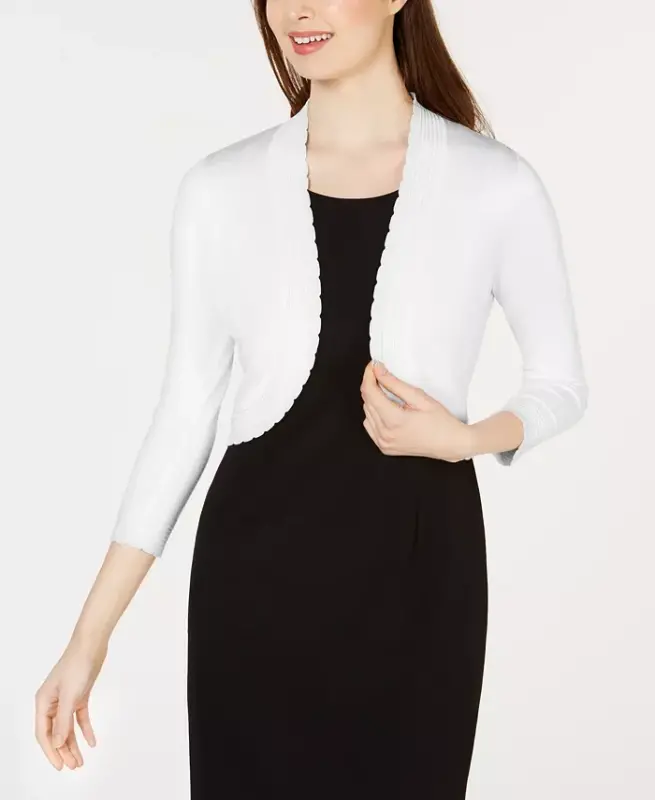 Open-front Cropped 3/4 Sleeve Cardigan - White - 1