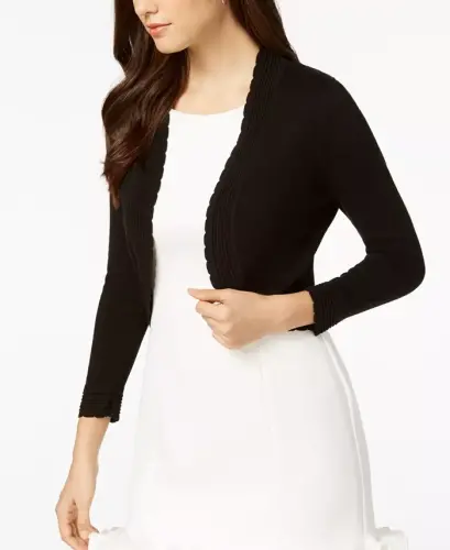 Open-front Cropped 3/4 Sleeve Cardigan - Black 