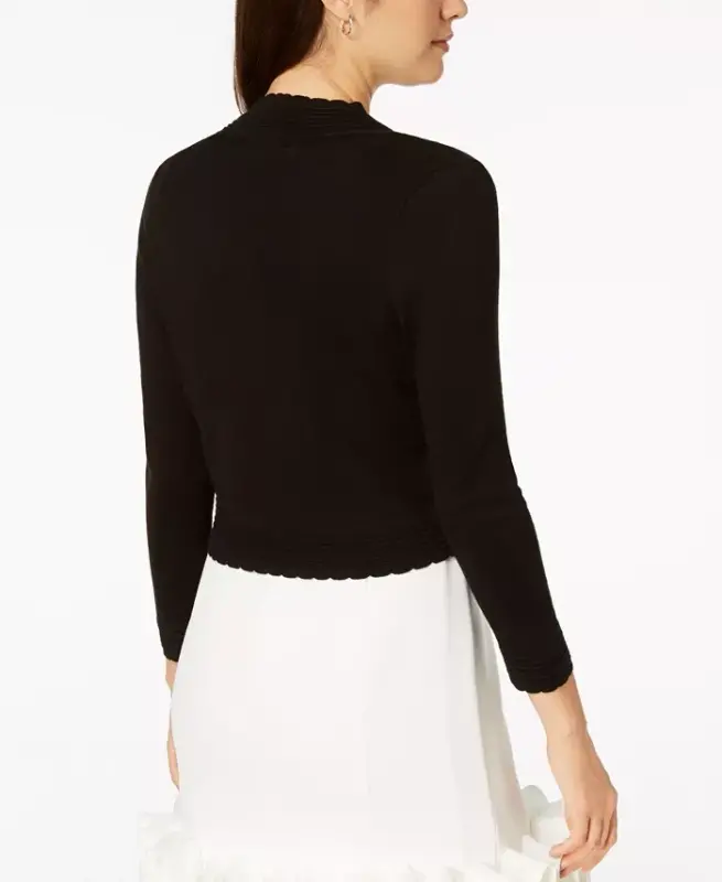 Open-front Cropped 3/4 Sleeve Cardigan - Black - 2