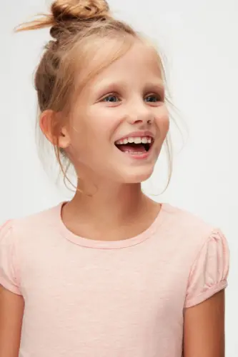 Açık Pembe Melanj Basic Kız Çocuk Sıfır Yaka Karpuz Kol Tişört-BRIGHT PINK MELANGE - 3