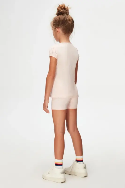 Açık Pembe Melanj Basic Kız Çocuk Sıfır Yaka Karpuz Kol Tişört-BRIGHT PINK MELANGE - 4