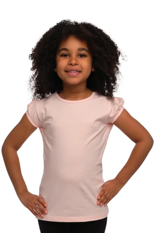 Açık Pudra Basic Kız Çocuk Sıfır Yaka Karpuz Kol Tişört-BRIGHT POWDER PINK - LOVETTI