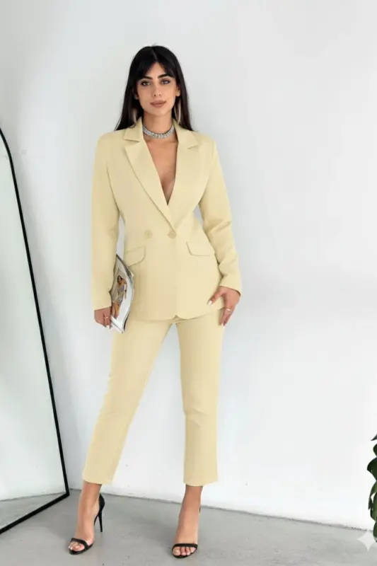 Açık Sarı Kruvaze Blazer Ceket Havuç Pantolon Takım Elbise-Sarı - 2