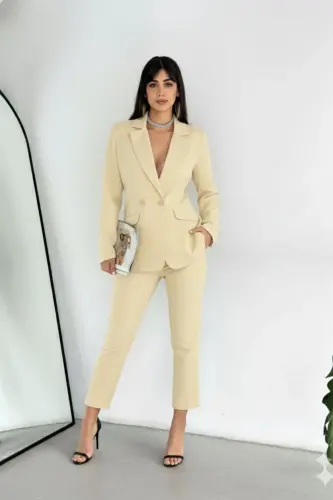 Açık Sarı Kruvaze Blazer Ceket Havuç Pantolon Takım Elbise-Sarı 