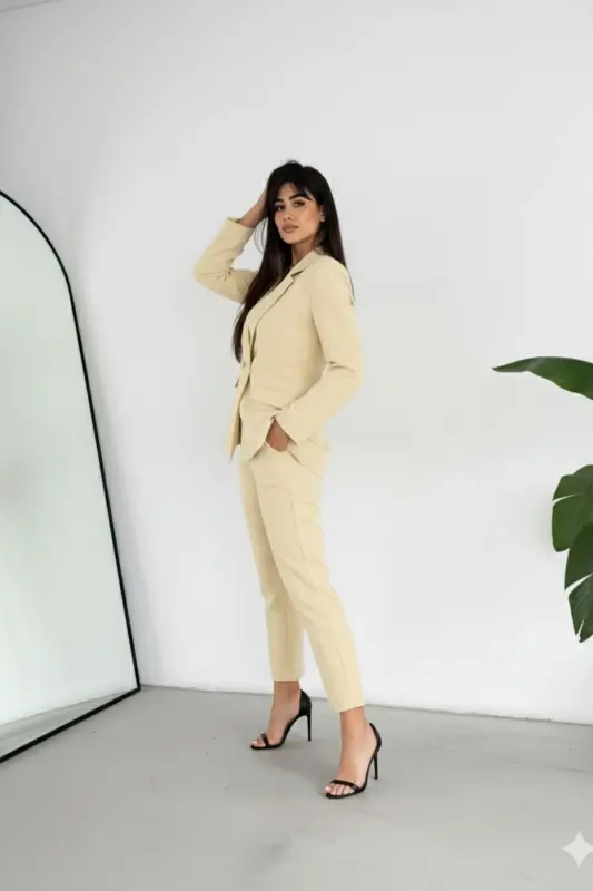 Açık Sarı Kruvaze Blazer Ceket Havuç Pantolon Takım Elbise-Sarı - 4