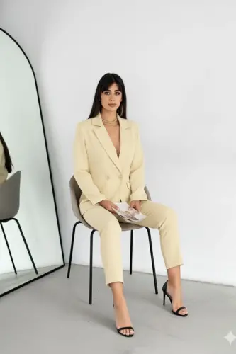 Açık Sarı Kruvaze Blazer Ceket Havuç Pantolon Takım Elbise-Sarı - 5