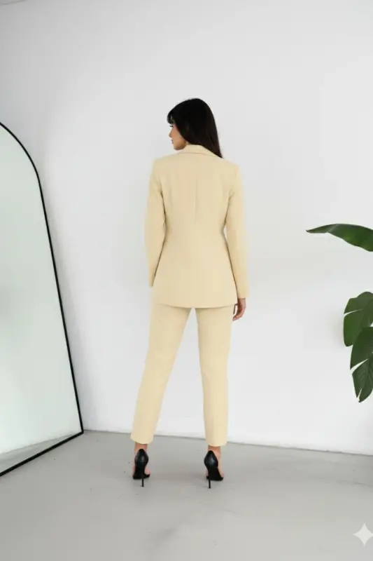 Açık Sarı Kruvaze Blazer Ceket Havuç Pantolon Takım Elbise-Sarı - 6
