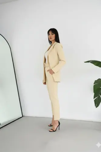 Açık Sarı Kruvaze Blazer Ceket Havuç Pantolon Takım Elbise-Sarı - 3