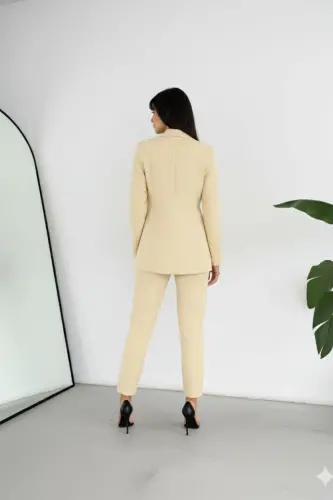 Açık Sarı Kruvaze Blazer Ceket Havuç Pantolon Takım Elbise-Sarı - 6