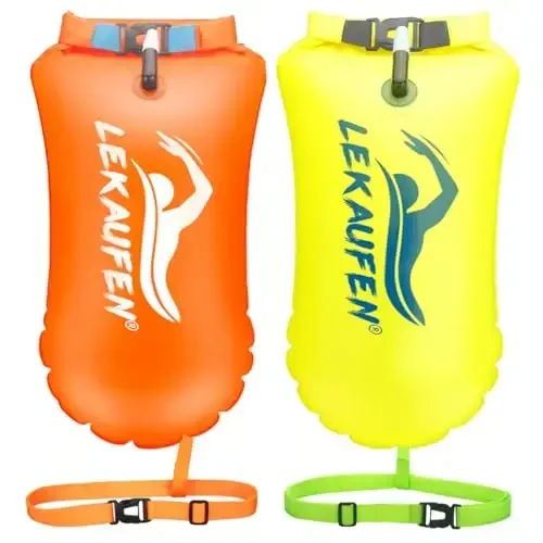 LeKaufen Swim Buoy for Open Water 2 Pack, 20L Swim Safety Float Waterproof Dry Bag for Swimmers Triathletes Kayakers Snorkelers, Swimming Pull Buoy for Safer Swim Training (Yellow & Orange) 