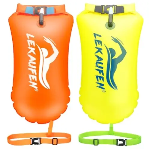 LeKaufen Swim Buoy for Open Water 2 Pack, 20L Swim Safety Float Waterproof Dry Bag for Swimmers Triathletes Kayakers Snorkelers, Swimming Pull Buoy for Safer Swim Training (Yellow & Orange) - 1