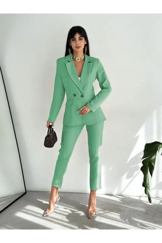 Açık Yeşil Kruvaze Blazer Ceket Havuç Pantolon Takım Elbise - Mint Yeşil - diaves