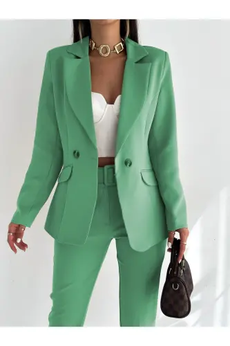 Açık Yeşil Kruvaze Blazer Ceket Havuç Pantolon Takım Elbise - Mint Yeşil - 3