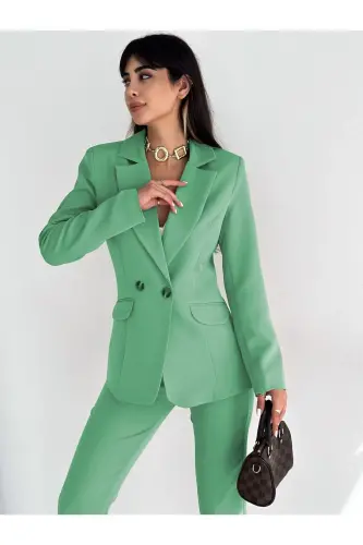 Açık Yeşil Kruvaze Blazer Ceket Havuç Pantolon Takım Elbise - Mint Yeşil - 4