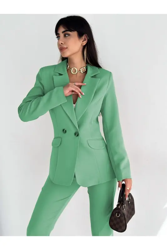 Açık Yeşil Kruvaze Blazer Ceket Havuç Pantolon Takım Elbise - Mint Yeşil - 4