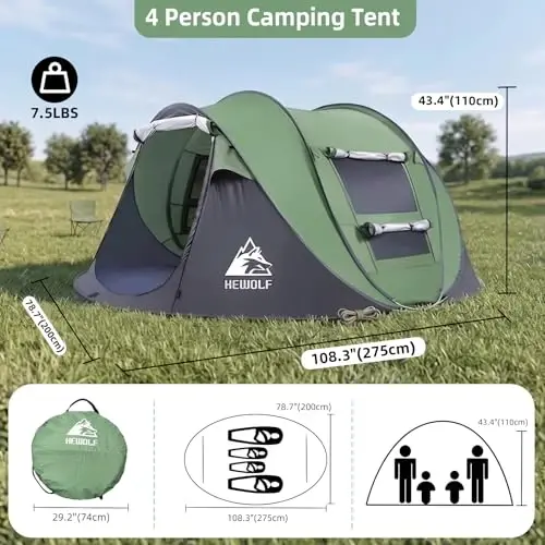 Hewolf 2/4 Person Pop Up Camping Tent,Instant Easy Setup,Waterproof,Automatic Family Tent for Camping,Hiking & Traveling - 5