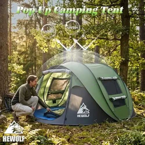 Pop Up Camping Tent 2/4 Person, Instant Family Tents, Easy Setup Automatic Tent for Camping Hiking & Traveling - HEWOLF (1)