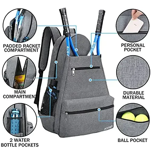 ACOSEN Tennis Bag Tennis Backpack - Ayollar va erkaklar uchun katta tennis sumkalari tennis raketkasi, pickleball eshkaklari, badminton raketkasi, skvosh raketkasi, to'plar va boshqa aksessuarlarni ushlab turish uchun - ACOSEN (1)