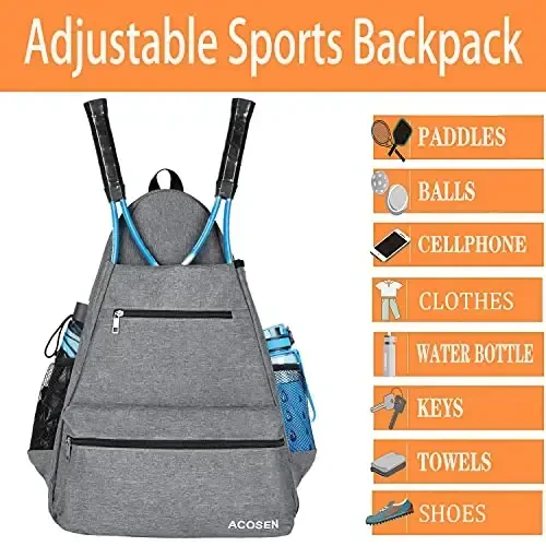 ACOSEN Tennis Bag Tennis Backpack - Ayollar va erkaklar uchun katta tennis sumkalari tennis raketkasi, pickleball eshkaklari, badminton raketkasi, skvosh raketkasi, to'plar va boshqa aksessuarlarni ushlab turish uchun - 4