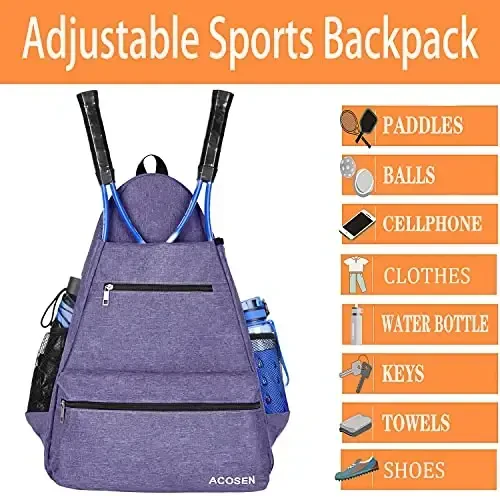 ACOSEN Tennis Bag Tennis Ryukzagi - Ayollar va erkaklar uchun tennis raketkasi, pikbol eshkaklari, badminton raketkasi, skvosh raketkasi, to'plar va boshqa aksessuarlarni ushlab turish uchun katta tennis sumkalari - 4