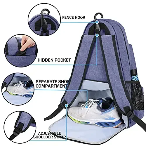 ACOSEN Tennis Bag Tennis Ryukzagi - Ayollar va erkaklar uchun tennis raketkasi, pikbol eshkaklari, badminton raketkasi, skvosh raketkasi, to'plar va boshqa aksessuarlarni ushlab turish uchun katta tennis sumkalari - 3