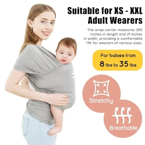 Acrabros Baby Wrap Carrier, Qo'lsiz chaqaloq tashuvchi sling, Yengil, Nafas oladigan, Yumshoqlik, Yangi tug'ilgan chaqaloqlar va chaqaloqlar uchun ideal dush sovg'asi, Kulrang - ACRABROS (1)