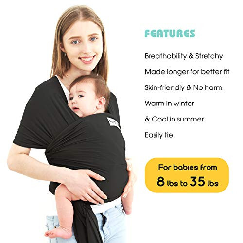 Acrabros Baby Wrap Carrier,Hands Free Baby Carrier Sling,Lightweight,Breathable,Softness,Perfect for Newborn Infants and Babies Shower Gift,Black - 34