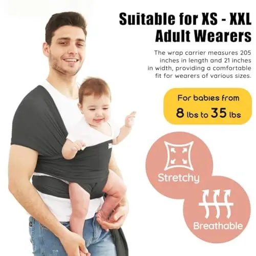 Acrabros Baby Wrap Carrier,Hands Free Baby Carrier Sling,Lightweight,Breathable,Softness,Perfect for Newborn Infants and Babies Shower Gift,Charcoal Grey - 2